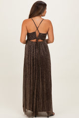 Brown Shimmer Open Tie Back Maternity Maxi Dress