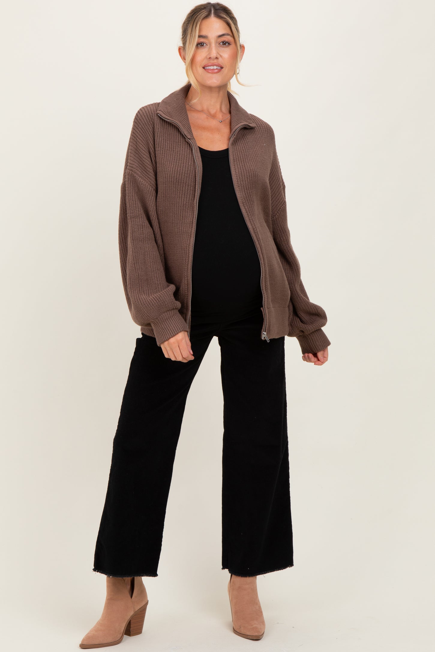 Light Mocha Oversized Zip Up Maternity Cardigan