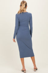 Denim Blue Ribbed Long Sleeve Maternity Wrap Dress