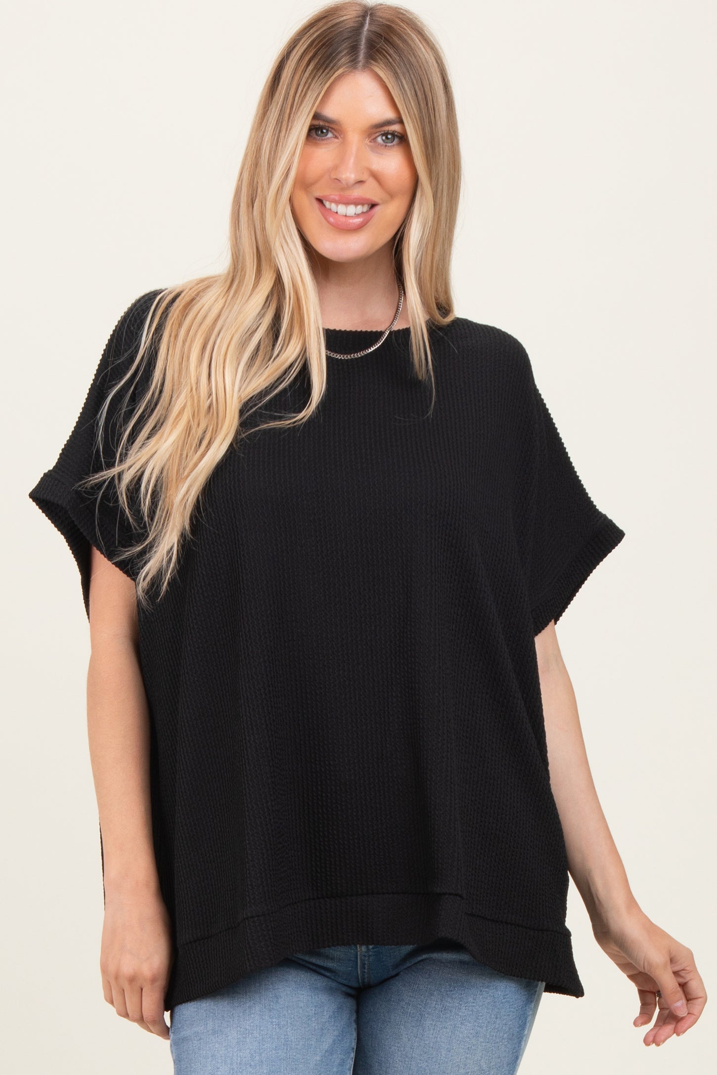 Black Solid Ribbed Short Sleeve Oversized Tunic Top