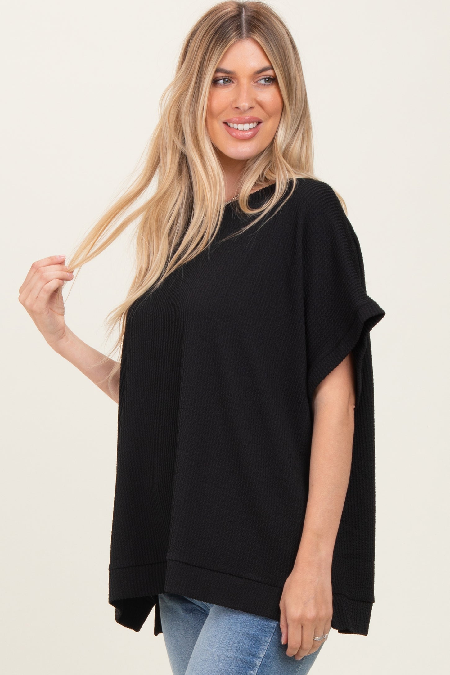 Black Solid Ribbed Short Sleeve Oversized Tunic Top