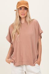 Brown Solid Ribbed Short Sleeve Oversized Maternity Tunic Top