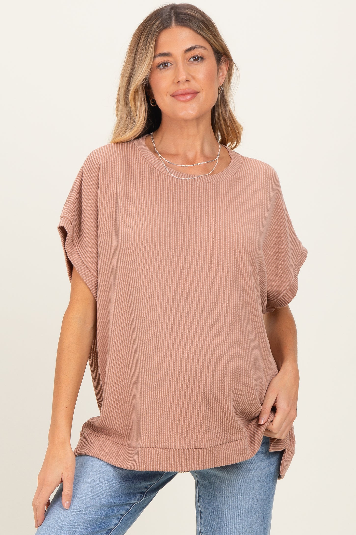 Brown Solid Ribbed Short Sleeve Oversized Maternity Tunic Top