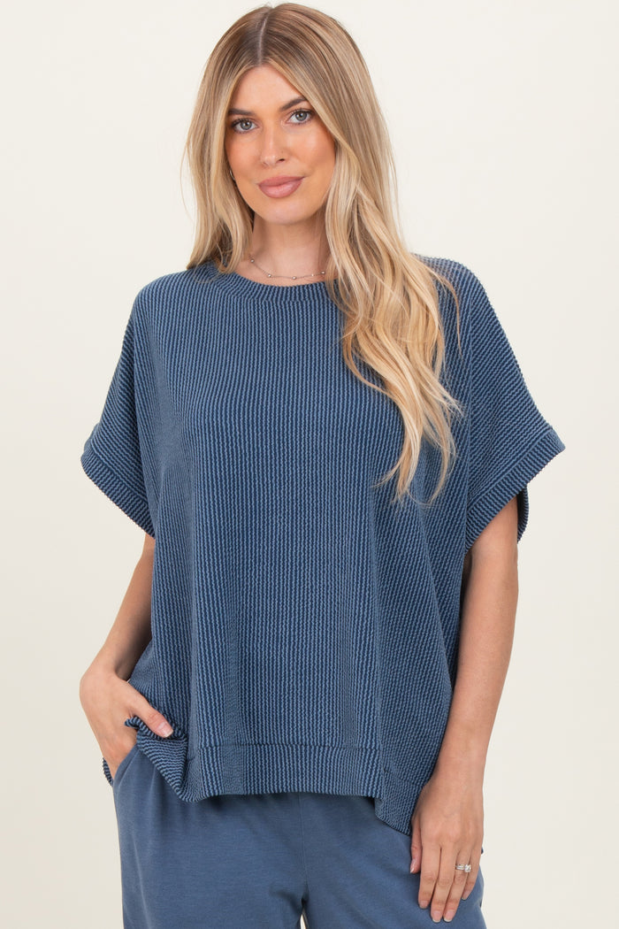 Blue Solid Ribbed Short Sleeve Oversized Maternity Tunic Top