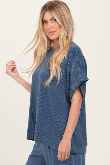 Purple Solid Ribbed Short Sleeve Oversized Tunic Top