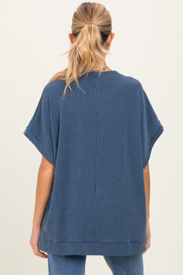 Blue Solid Ribbed Short Sleeve Oversized Maternity Tunic Top