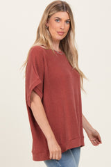 Rust Solid Ribbed Short Sleeve Oversized Tunic Top