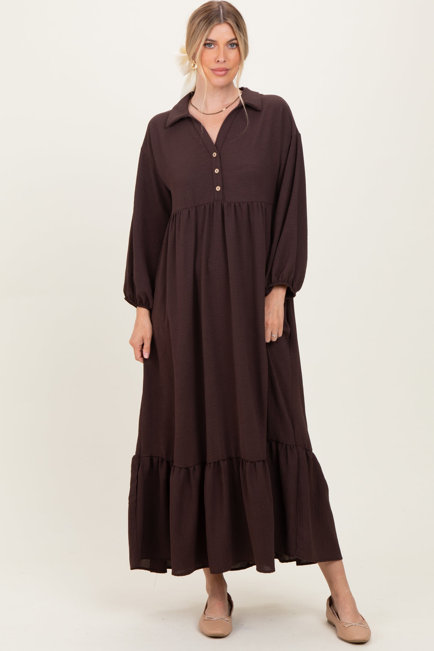 Brown Solid Long Sleeve Button Down Tiered Collared Maternity Dress