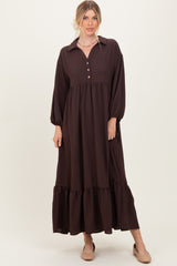 Brown Solid Long Sleeve Button Down Tiered Collared Dress