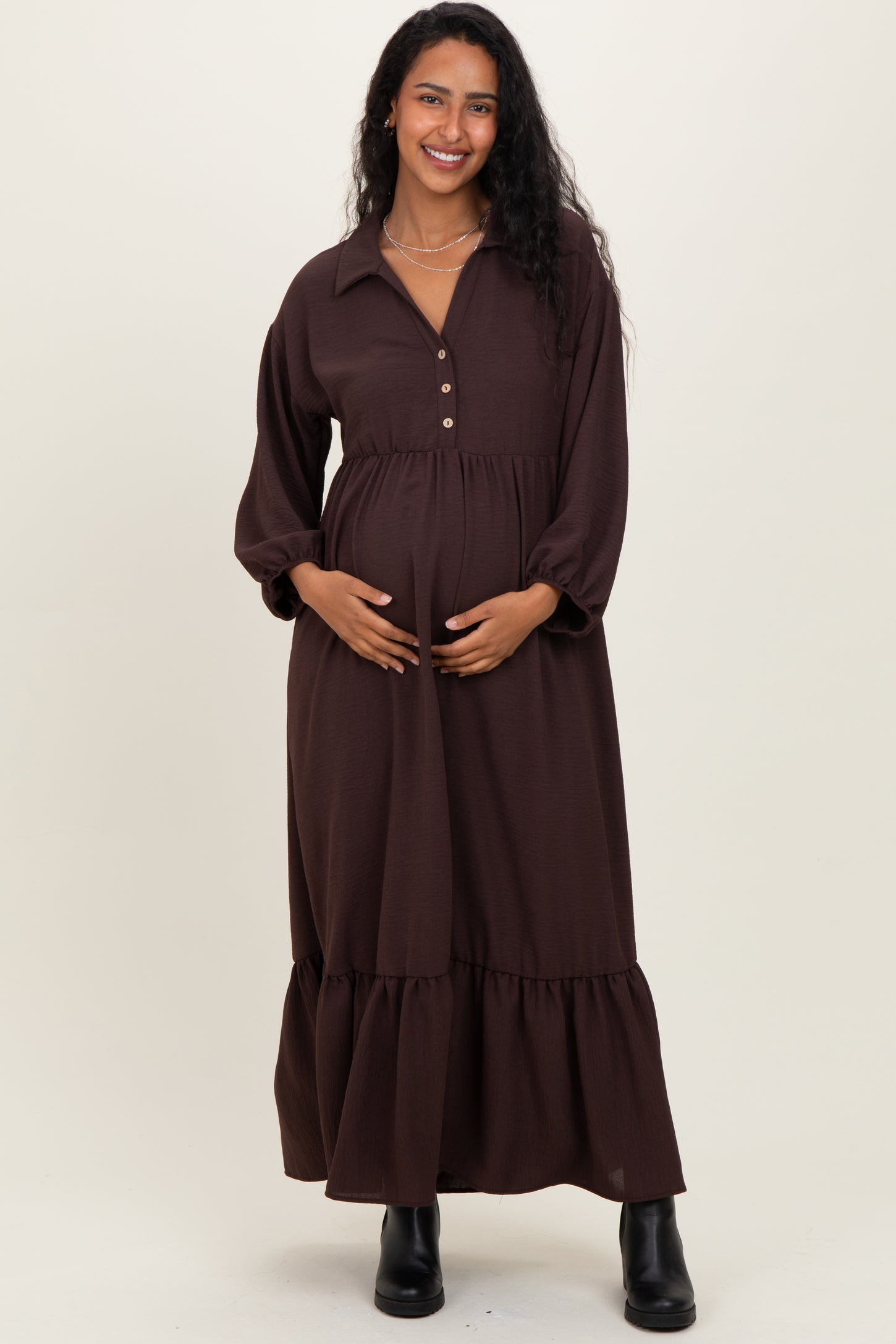 Brown Solid Long Sleeve Button Down Tiered Collared Maternity Dress