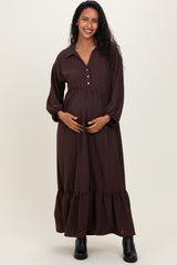 Brown Solid Long Sleeve Button Down Tiered Collared Maternity Dress