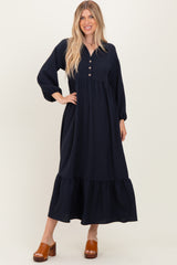 Navy Solid Long Sleeve Button Down Tiered Collared Dress
