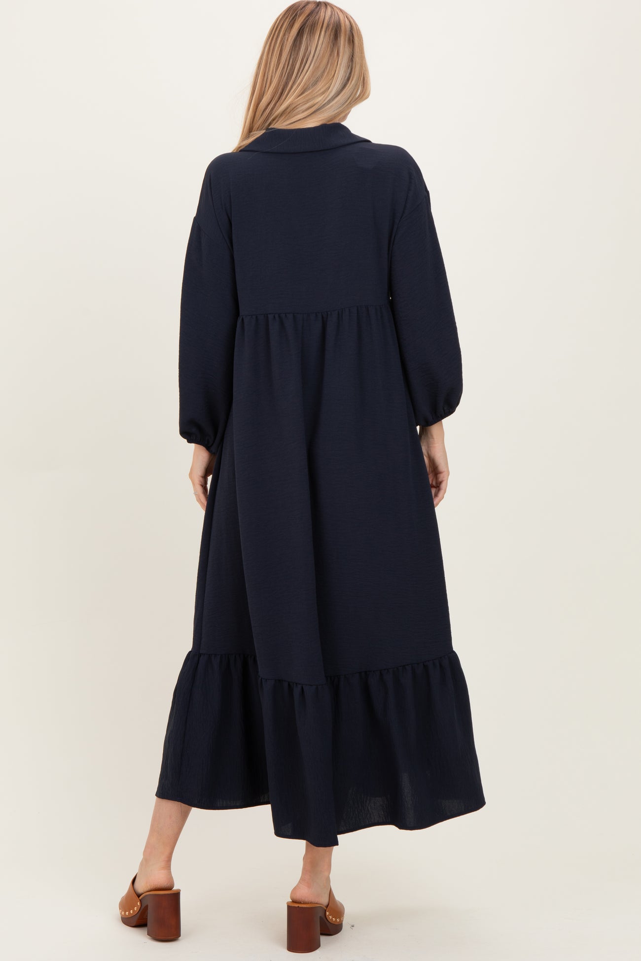 Navy Solid Long Sleeve Button Down Tiered Collared Dress