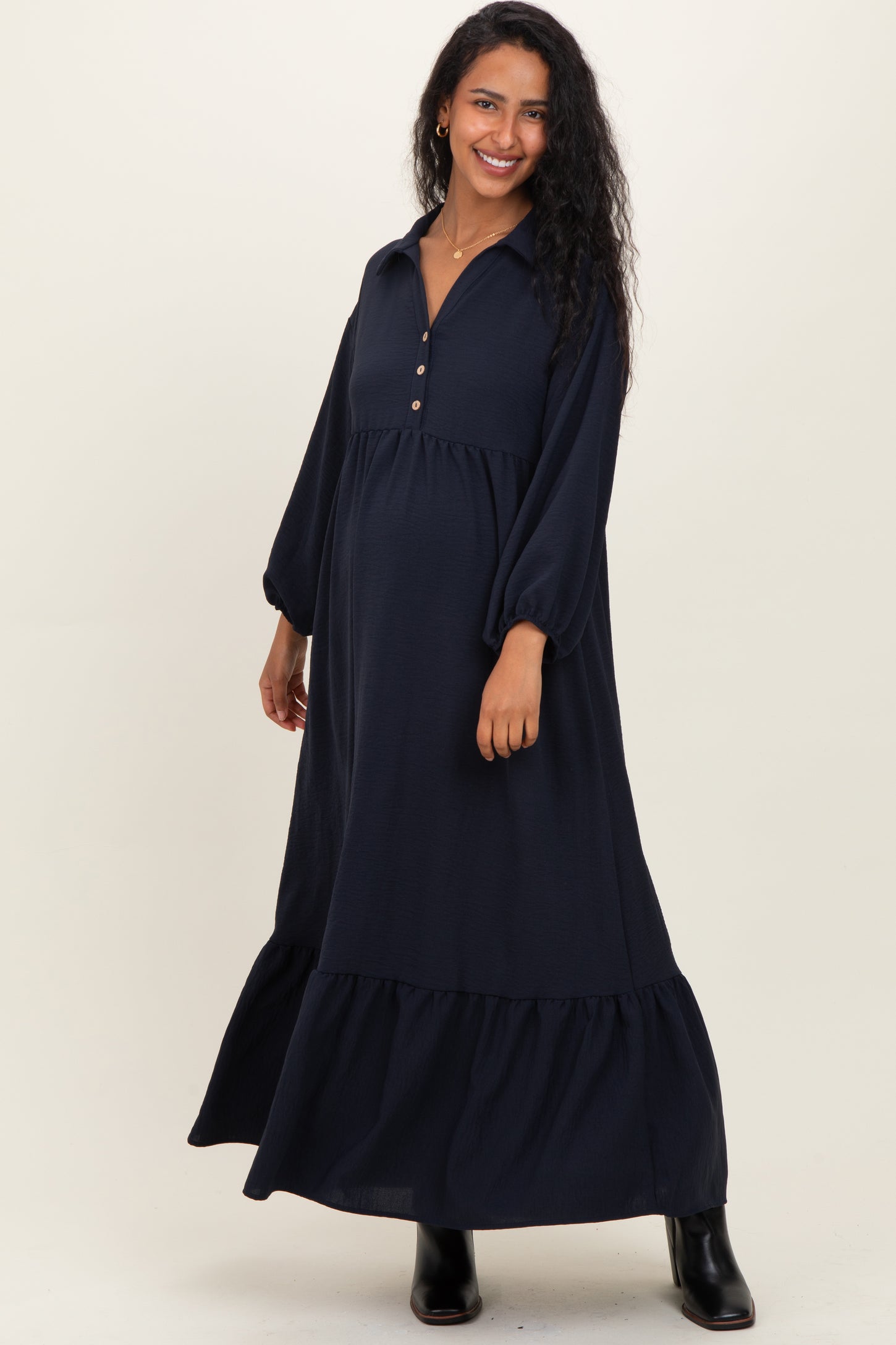 Navy Solid Long Sleeve Button Down Tiered Collared Maternity Dress