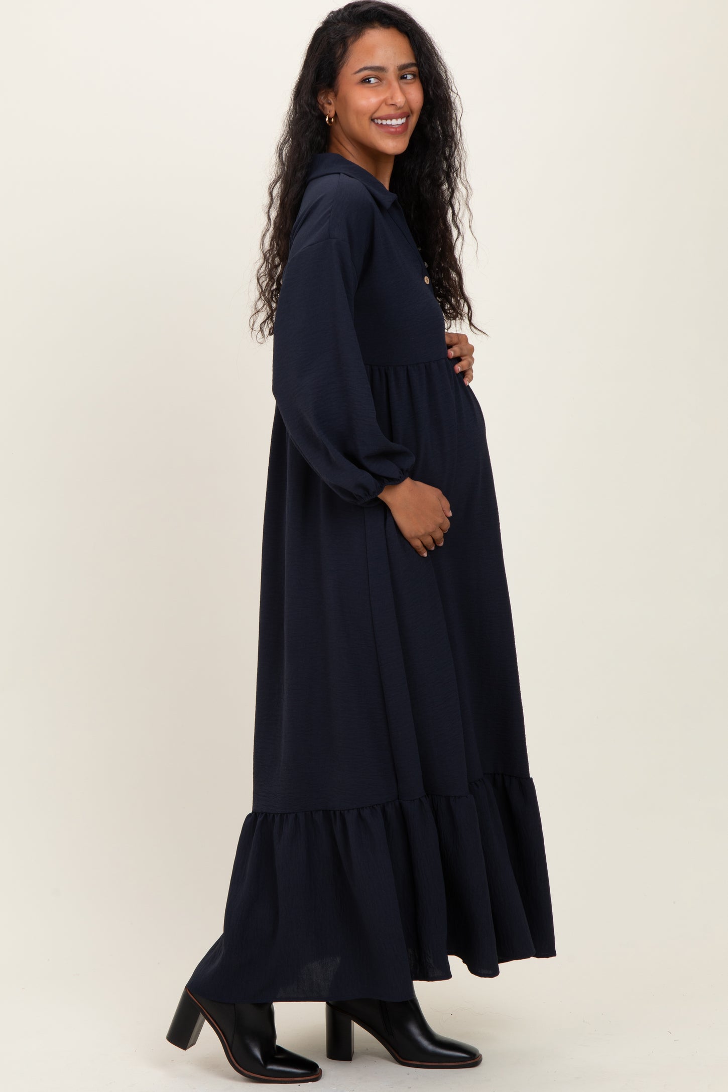 Navy Solid Long Sleeve Button Down Tiered Collared Maternity Dress