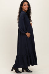 Navy Solid Long Sleeve Button Down Tiered Collared Maternity Dress