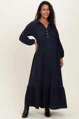Navy Solid Long Sleeve Button Down Tiered Collared Maternity Dress