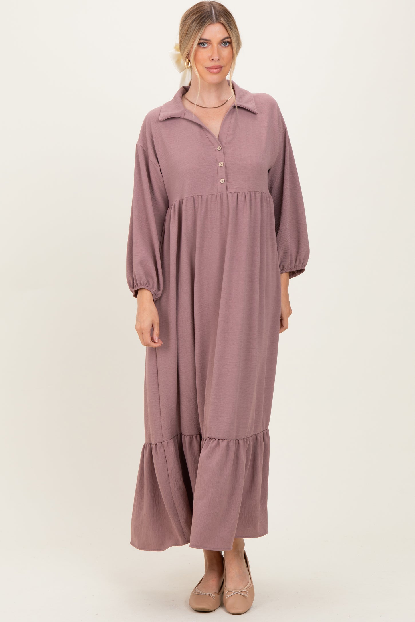 Mocha Solid Long Sleeve Button Down Tiered Collared Maternity Dress