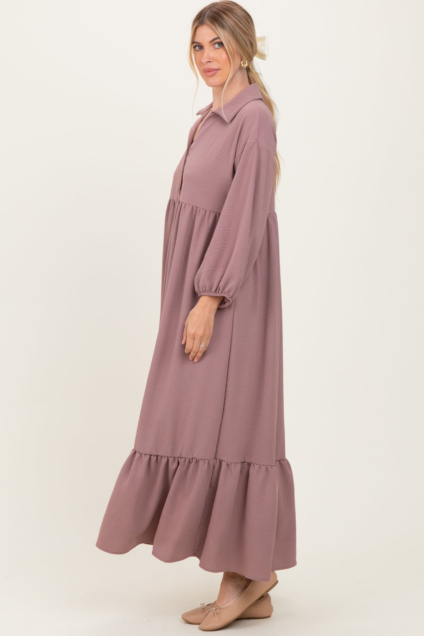 Mocha Solid Long Sleeve Button Down Tiered Collared Dress