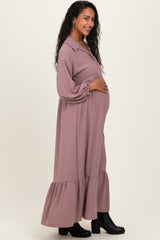 Mocha Solid Long Sleeve Button Down Tiered Collared Maternity Dress