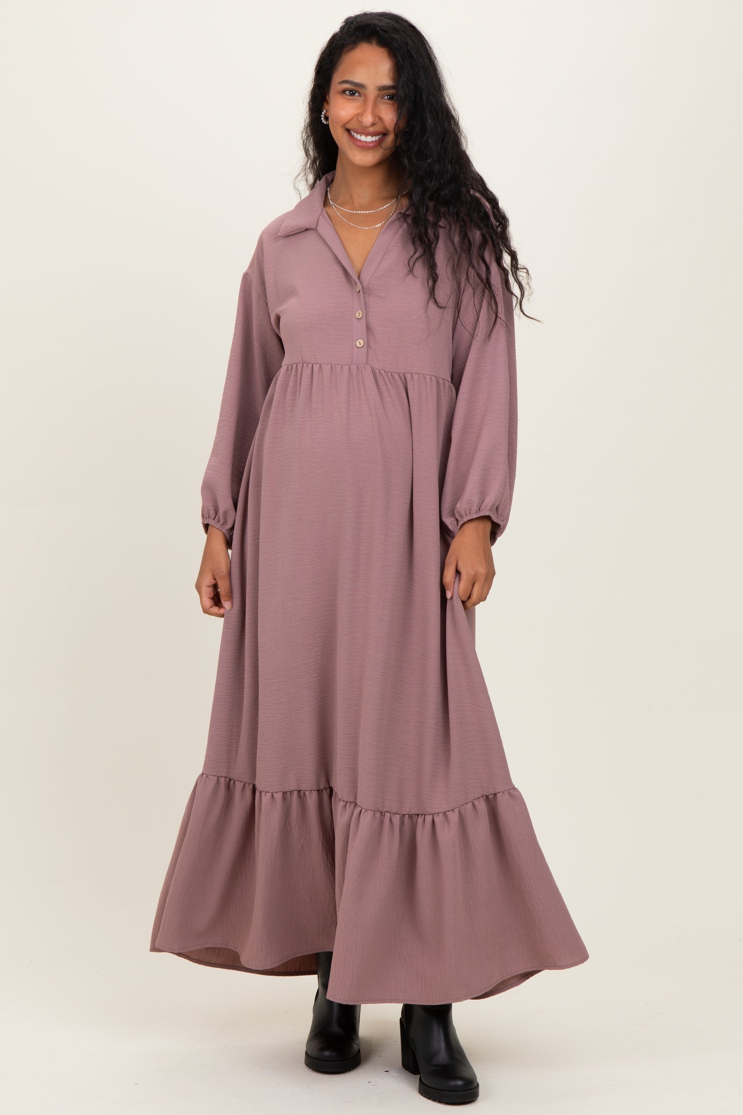 Mocha Solid Long Sleeve Button Down Tiered Collared Maternity Dress