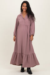 Mocha Solid Long Sleeve Button Down Tiered Collared Maternity Dress