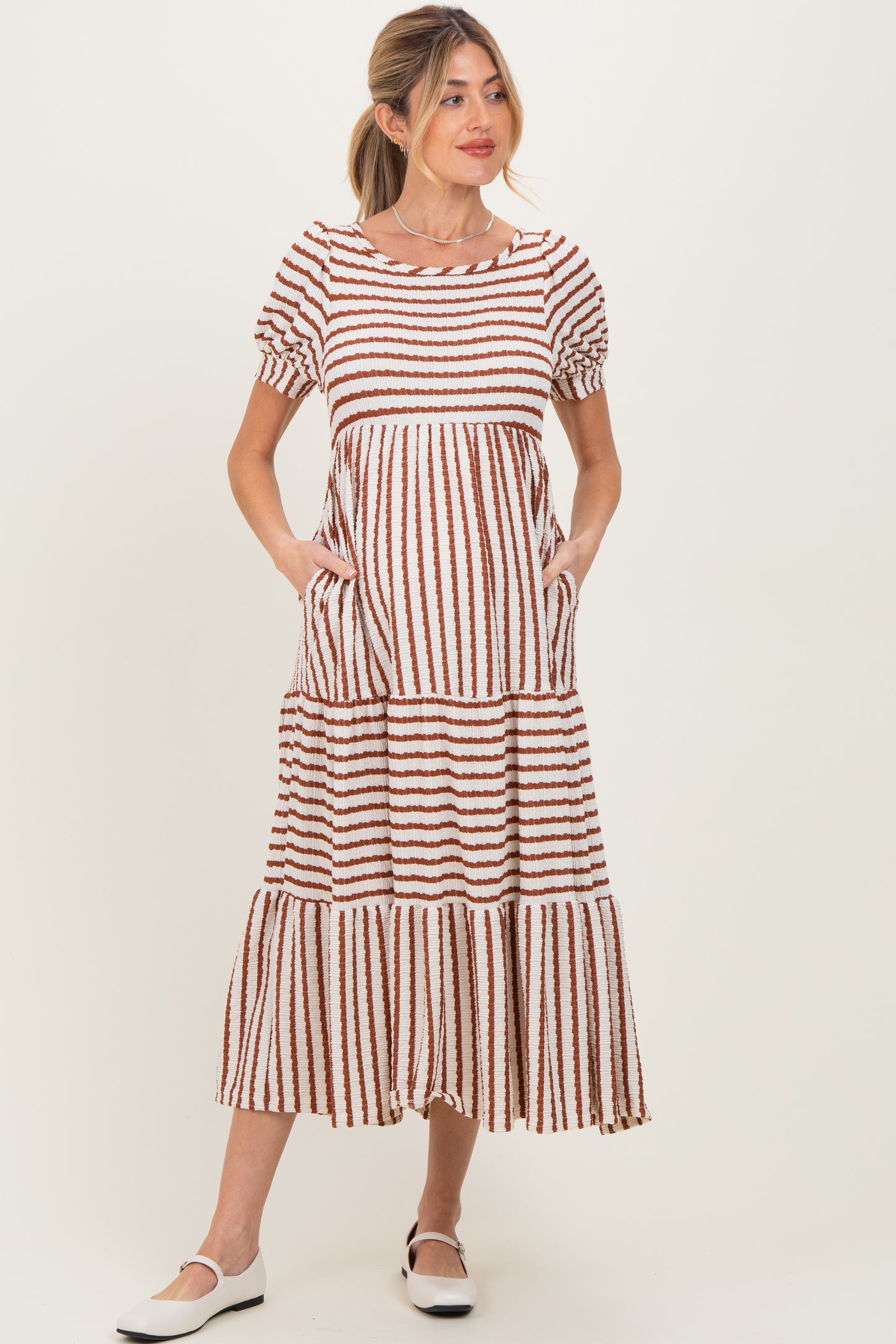 Cream/Camel Striped Short Sleeve Tiered Maternity Maxi Dress