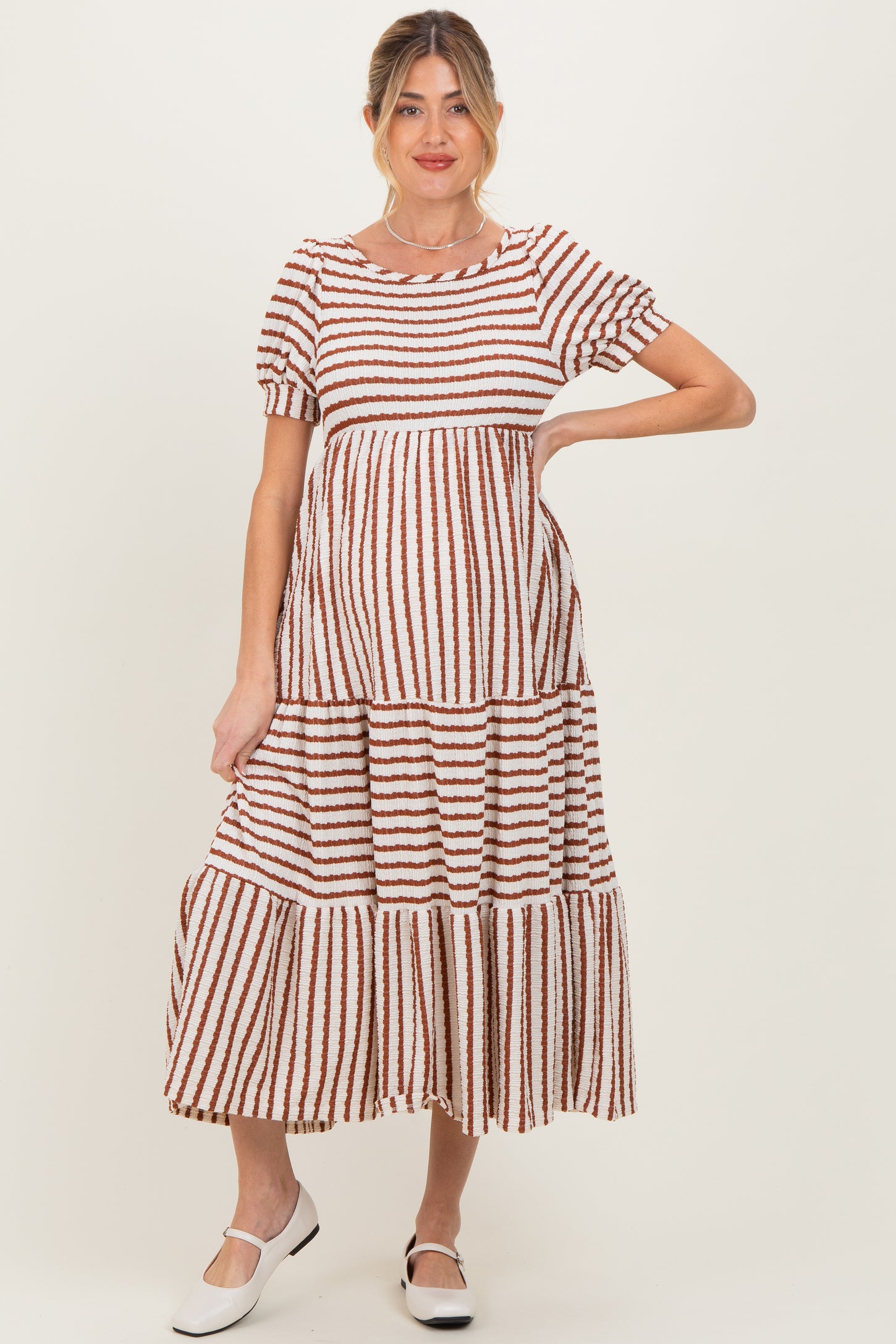 Cream/Camel Striped Short Sleeve Tiered Maternity Maxi Dress
