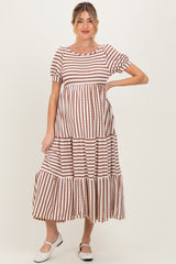 Cream/Camel Striped Short Sleeve Tiered Maternity Maxi Dress