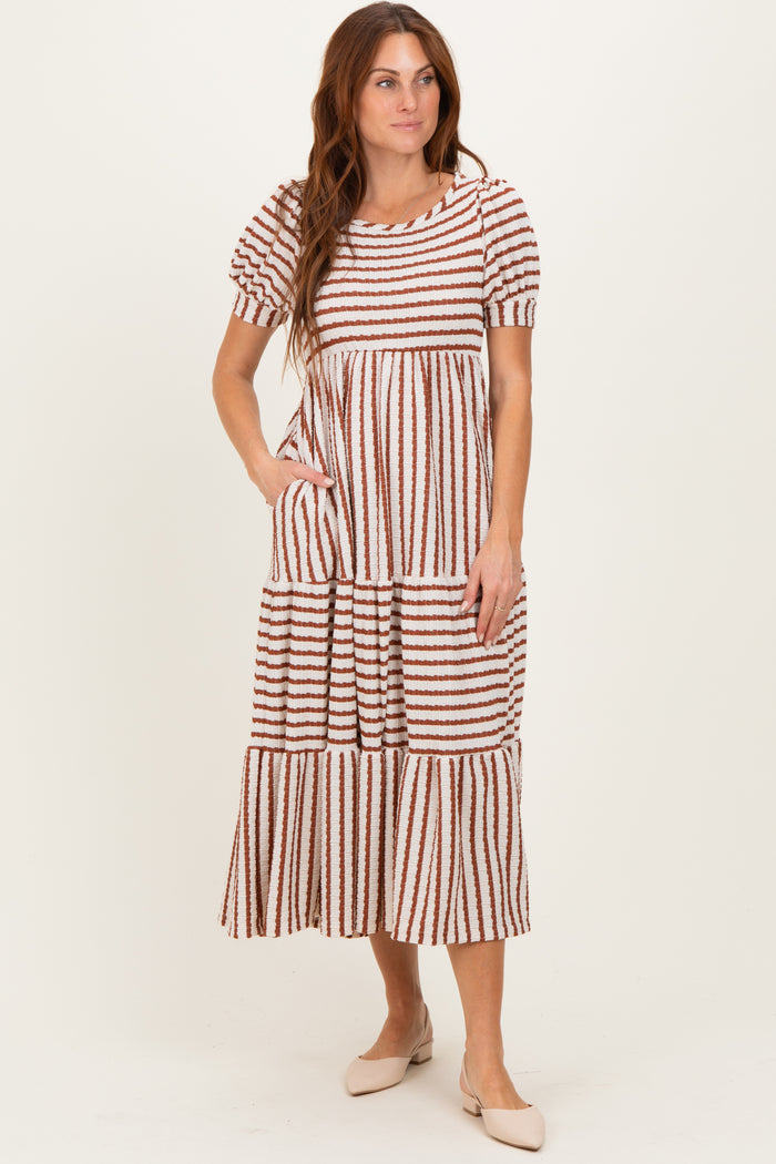 Cream/Camel Striped Short Sleeve Tiered Maternity Maxi Dress