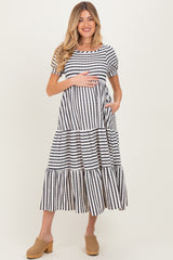 Cream/Navy Striped Short Sleeve Tiered Maternity Maxi Dress