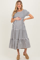 Cream/Navy Striped Short Sleeve Tiered Maternity Maxi Dress