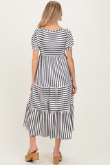 Cream/Navy Striped Short Sleeve Tiered Maternity Maxi Dress