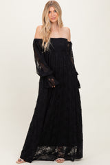 Black Lace Smocked Long Sleeve Off Shoulder Maxi Dress