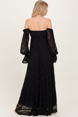 Black Lace Smocked Long Sleeve Off Shoulder Maxi Dress
