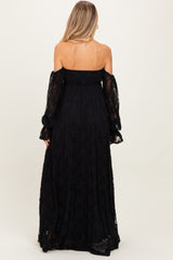 Black Lace Smocked Long Sleeve Off Shoulder Maternity Maxi Dress
