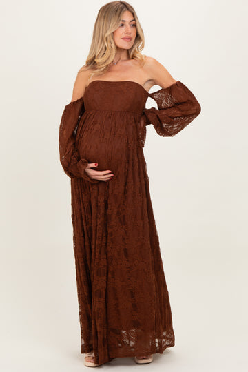 Brown Lace Smocked Long Sleeve Off Shoulder Maternity Maxi Dress