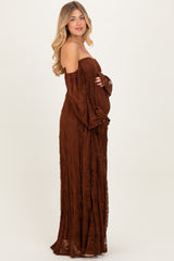 Brown Lace Smocked Long Sleeve Off Shoulder Maternity Maxi Dress
