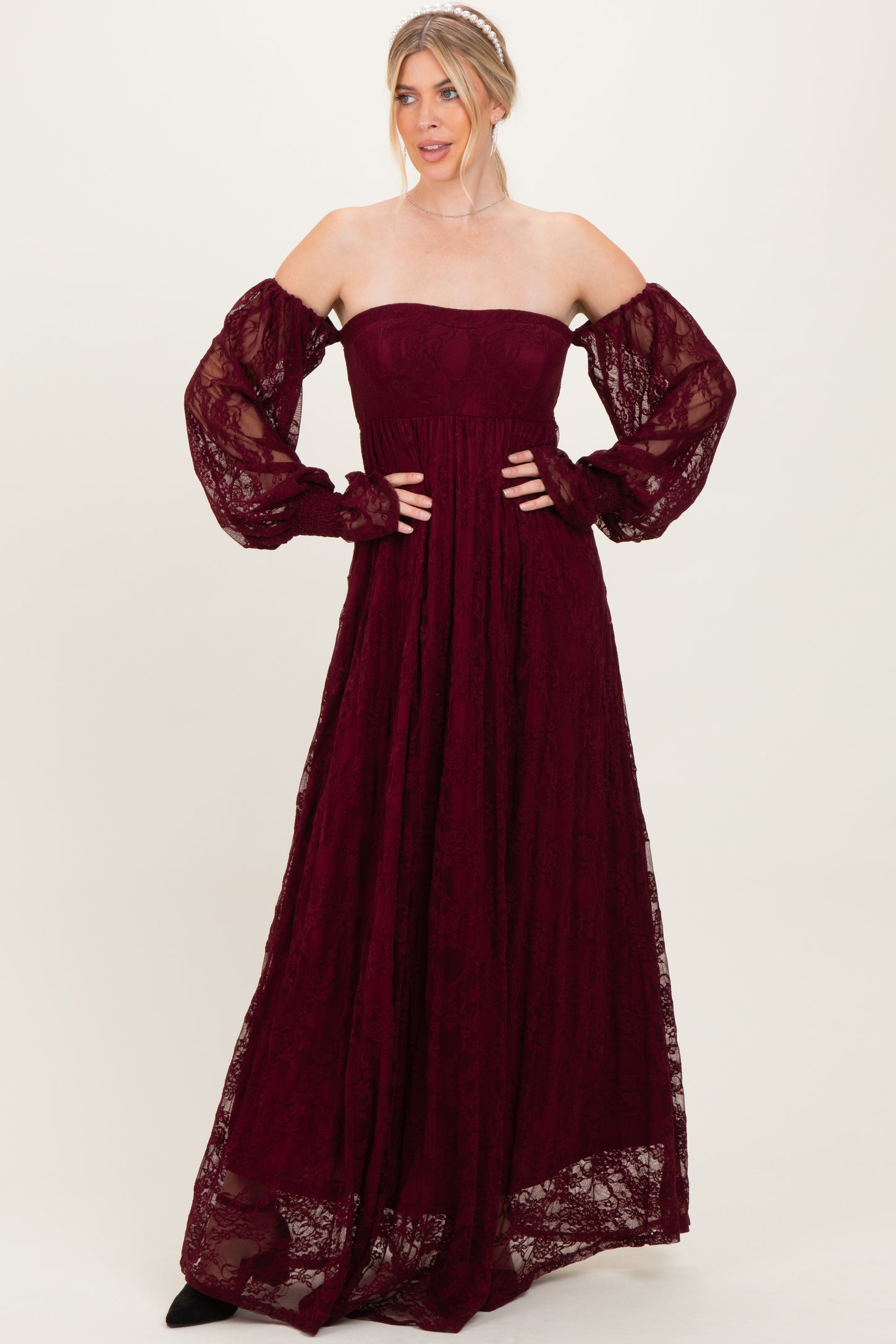 Burgundy Lace Smocked Long Sleeve Off Shoulder Maxi Dress