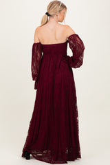 Burgundy Lace Smocked Long Sleeve Off Shoulder Maxi Dress