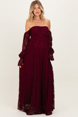 Burgundy Lace Smocked Long Sleeve Off Shoulder Maternity Maxi Dress