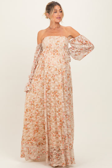Multi Color Floral Lace Smocked Long Sleeve Off Shoulder Maternity Maxi Dress