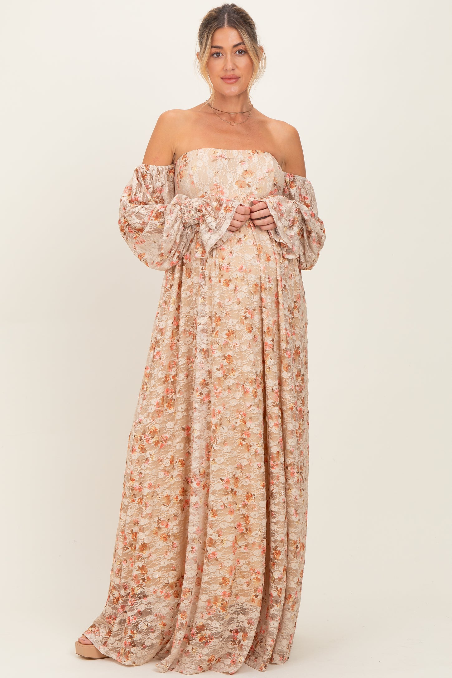 Multi Color Floral Lace Smocked Long Sleeve Off Shoulder Maternity Maxi Dress