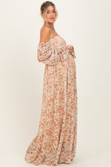 Multi Color Floral Lace Smocked Long Sleeve Off Shoulder Maternity Maxi Dress