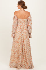 Multi Color Floral Lace Smocked Long Sleeve Off Shoulder Maxi Dress