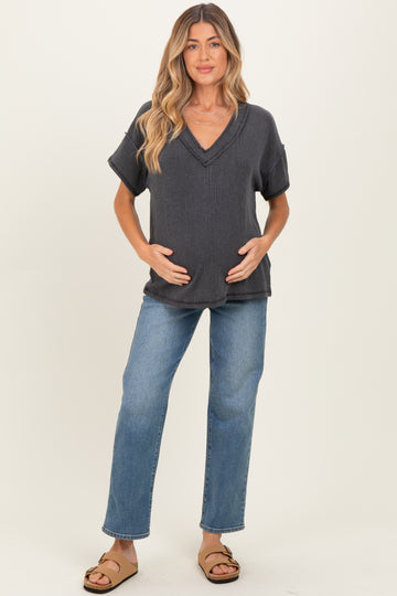 Charcoal Ribbed Short Sleeve V-Neck Reverse Stitch Maternity Top