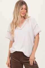 Cream Ribbed Short Sleeve V-Neck Reverse Stitch Maternity Top
