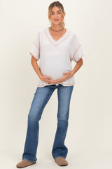 Cream Ribbed Short Sleeve V-Neck Reverse Stitch Maternity Top