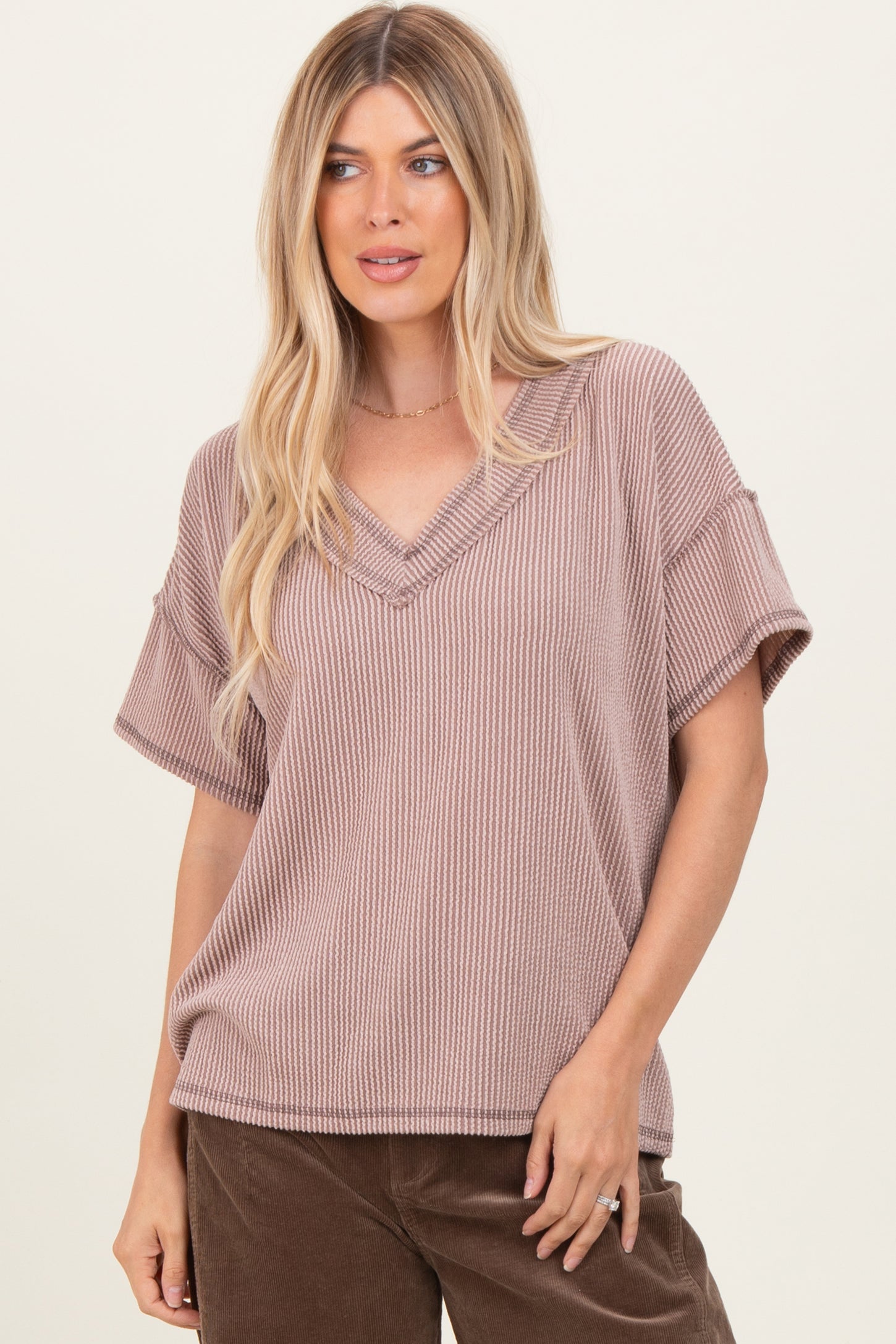 Taupe Ribbed Short Sleeve V-Neck Reverse Stitch Maternity Top
