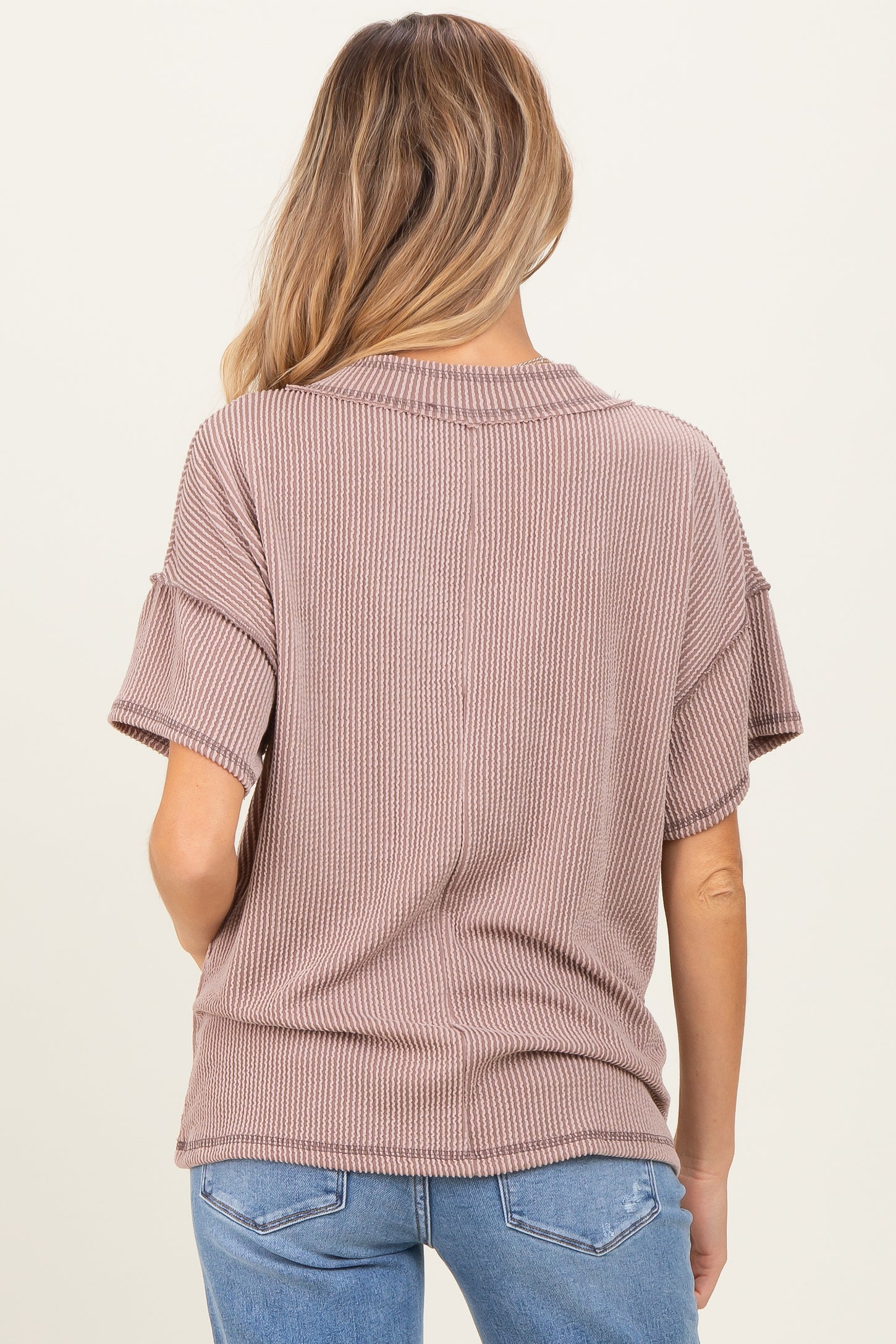 Taupe Ribbed Short Sleeve V-Neck Reverse Stitch Maternity Top